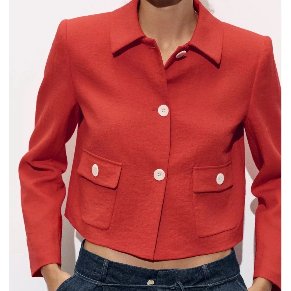 Zara Cropped‎ Jacket Women Size Medium Red NEW Button Front Textured Boxy Blazer